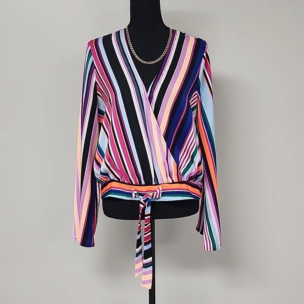EXPRESS Striped Wrap Blouse - Picture 4 of 16